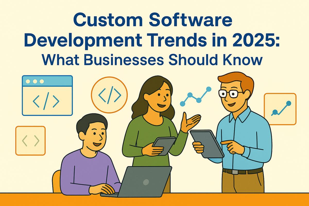 A group of people discussing custom software development trends in 2025
