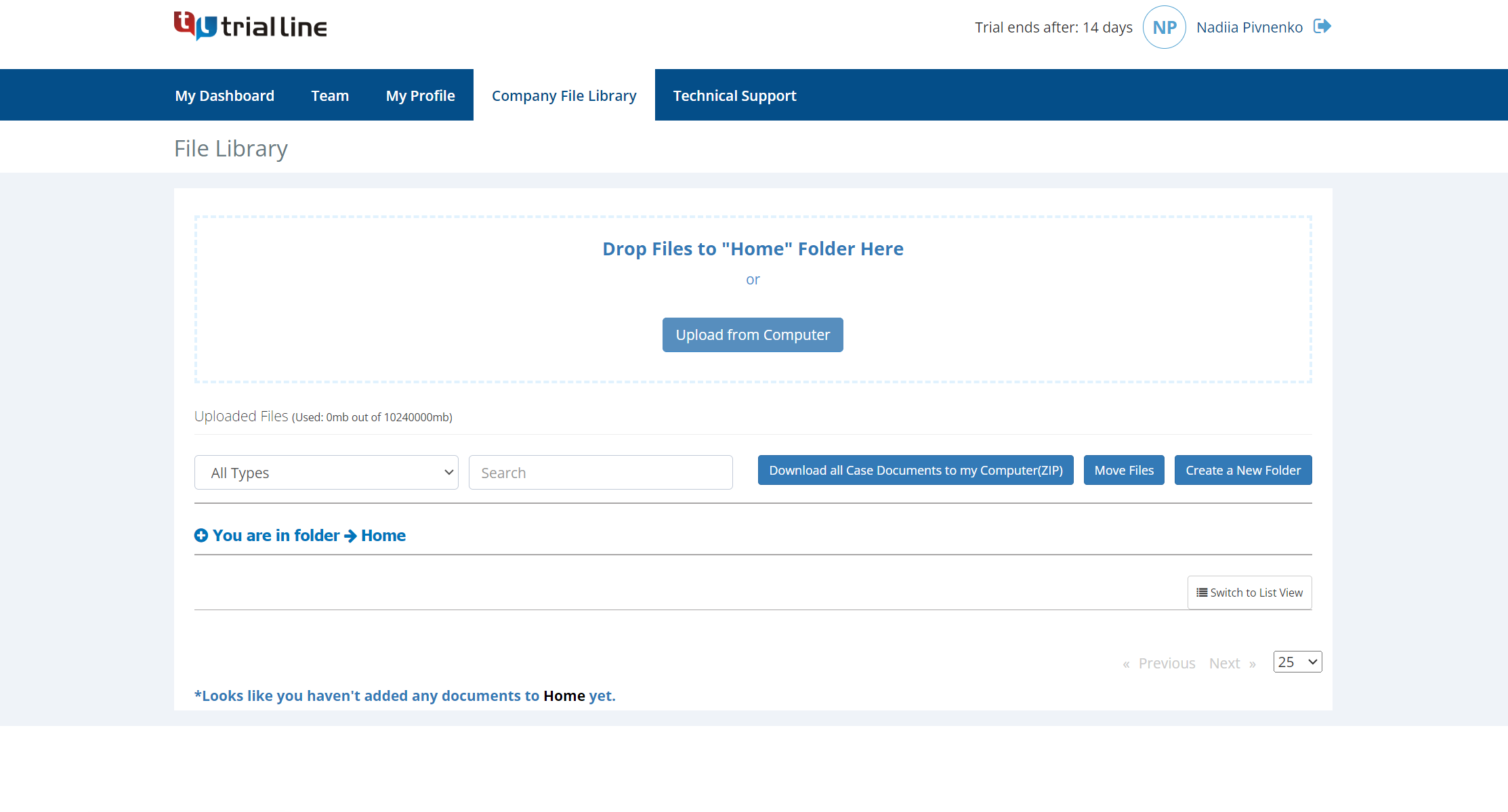 Screenshot of an upload file page from a system for legal documents management.