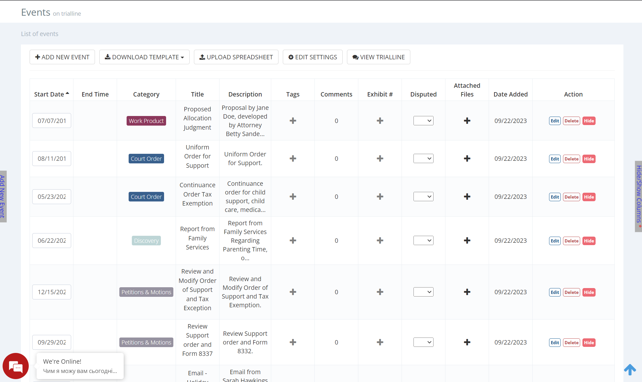 Screenshot of an events list page from a system for legal management.