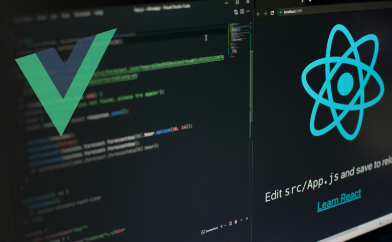 Image showing icons of two front-end technologies: Vue and React