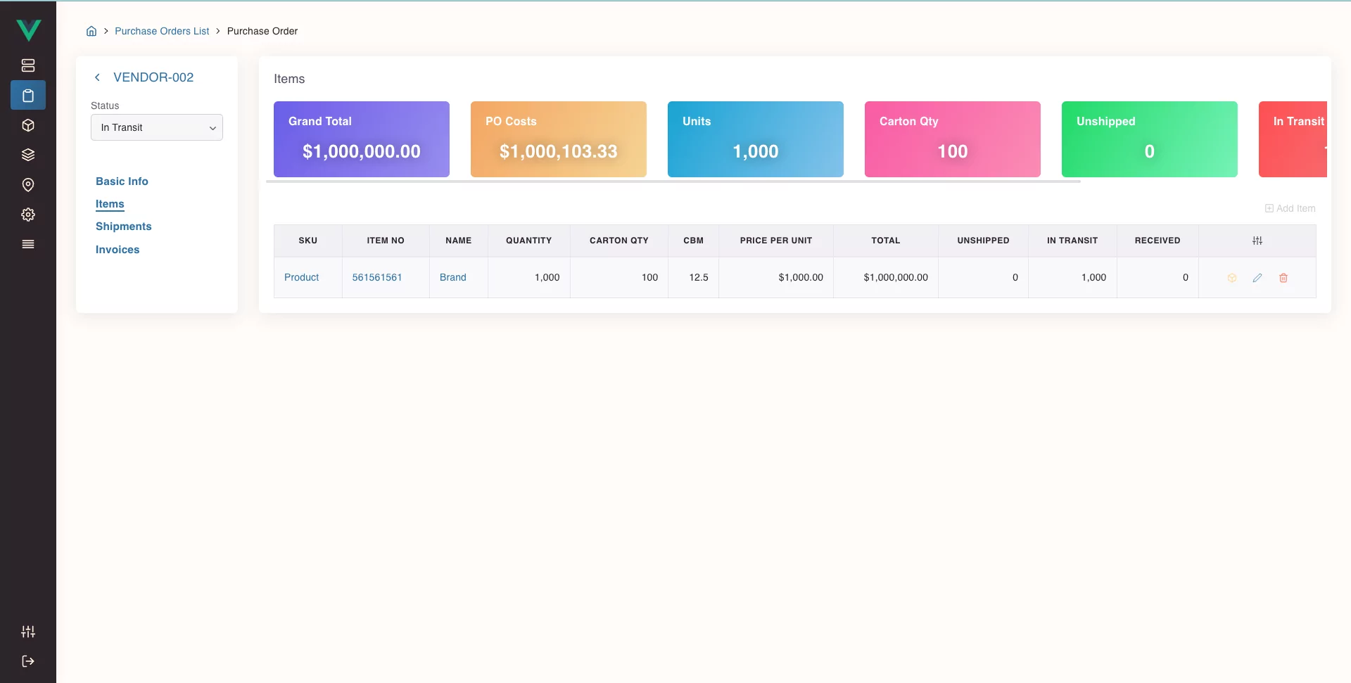 screenshot of the system showing the delivery status of a purchase order