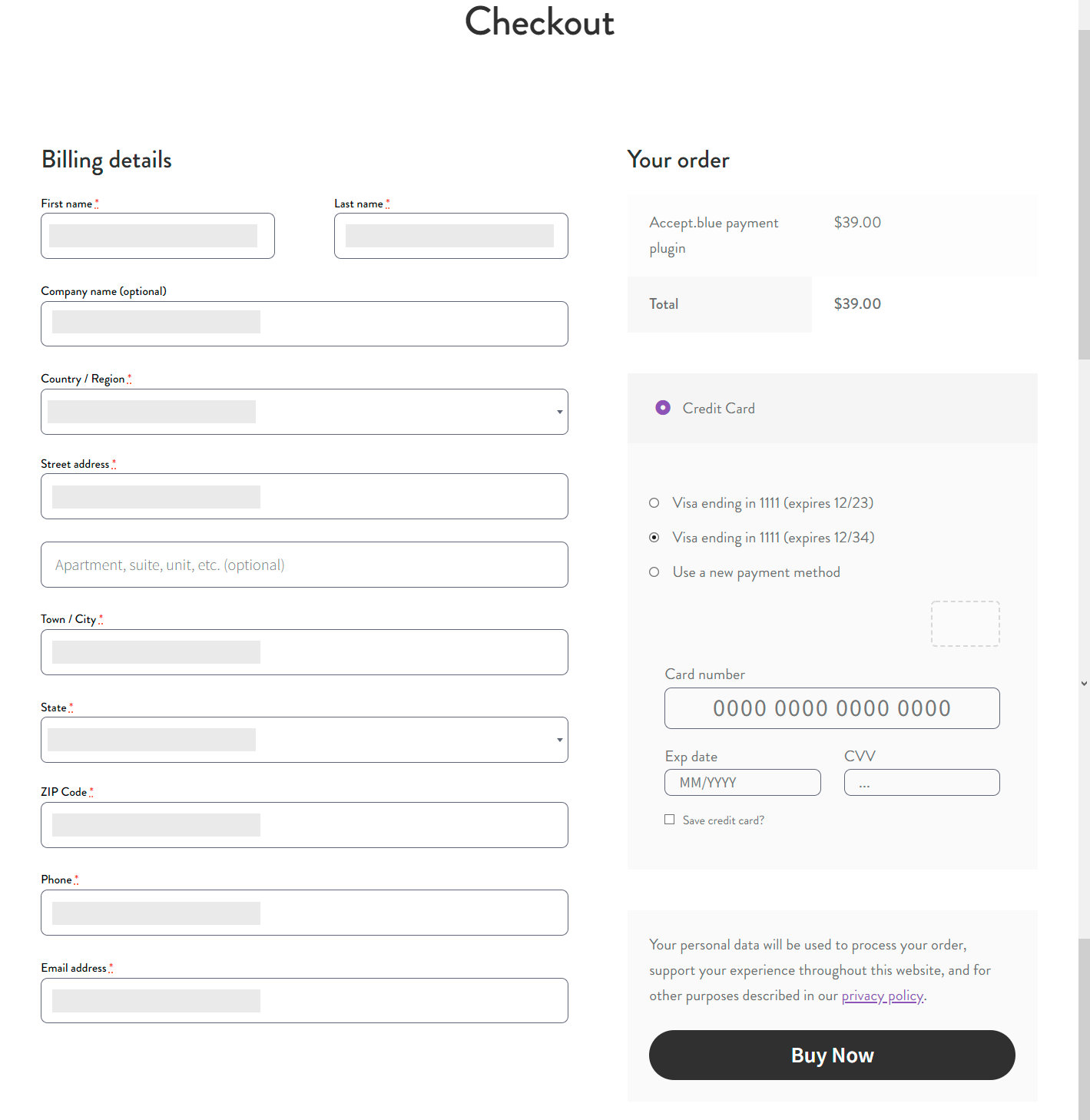 Screenshot of a checkout page created with accept.pay plugin for WooCommerce