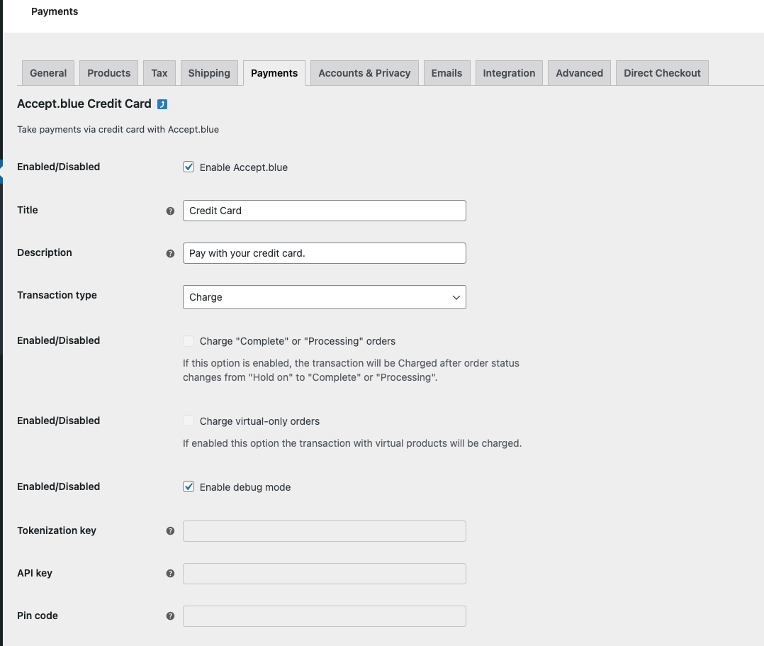 Screenshot of a setting page of accept.pay plugin
