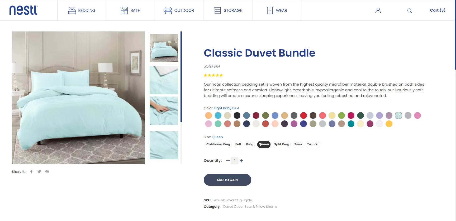 Screenshot of a product page of the website selling bed linen