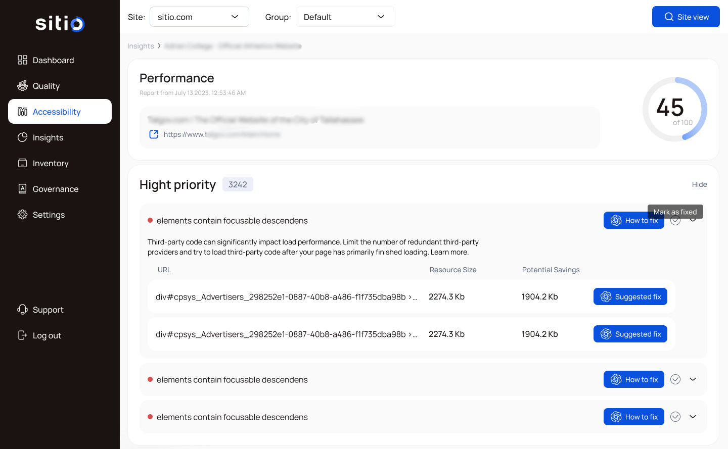 Screenshot showing website performance analysis