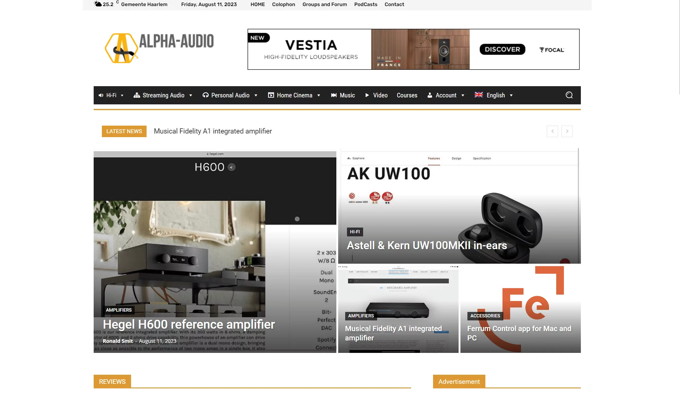Screenshot of a home page from a website with reviews of audio and video equipment