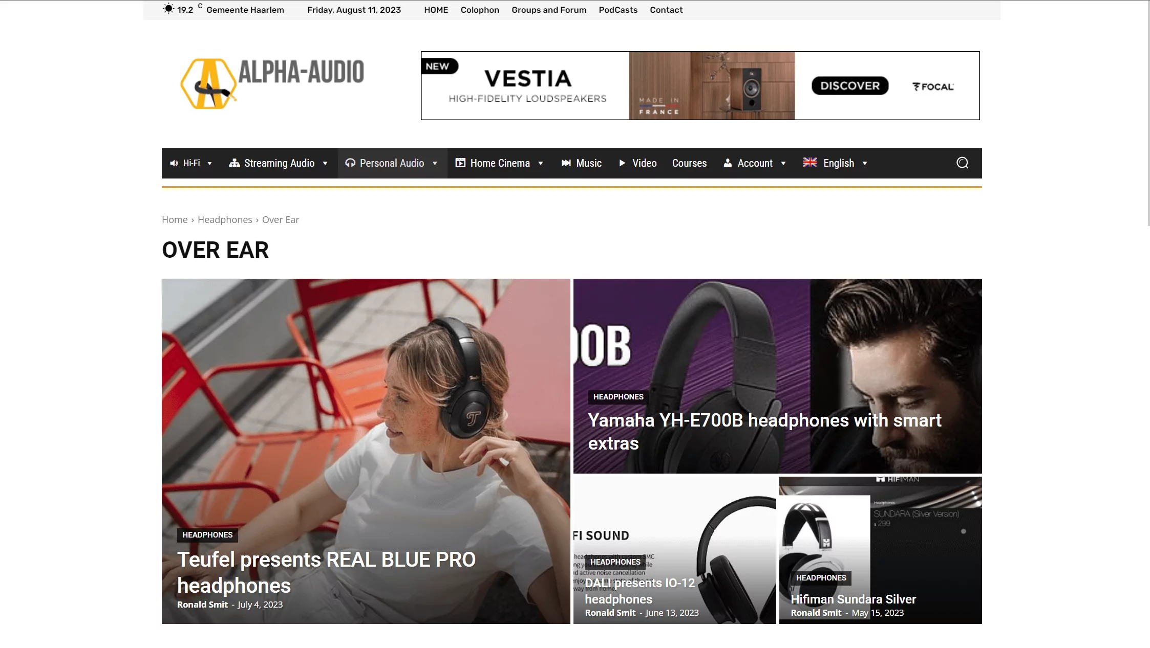 Screenshot of a home page from a website with reviews of audio and video equipment