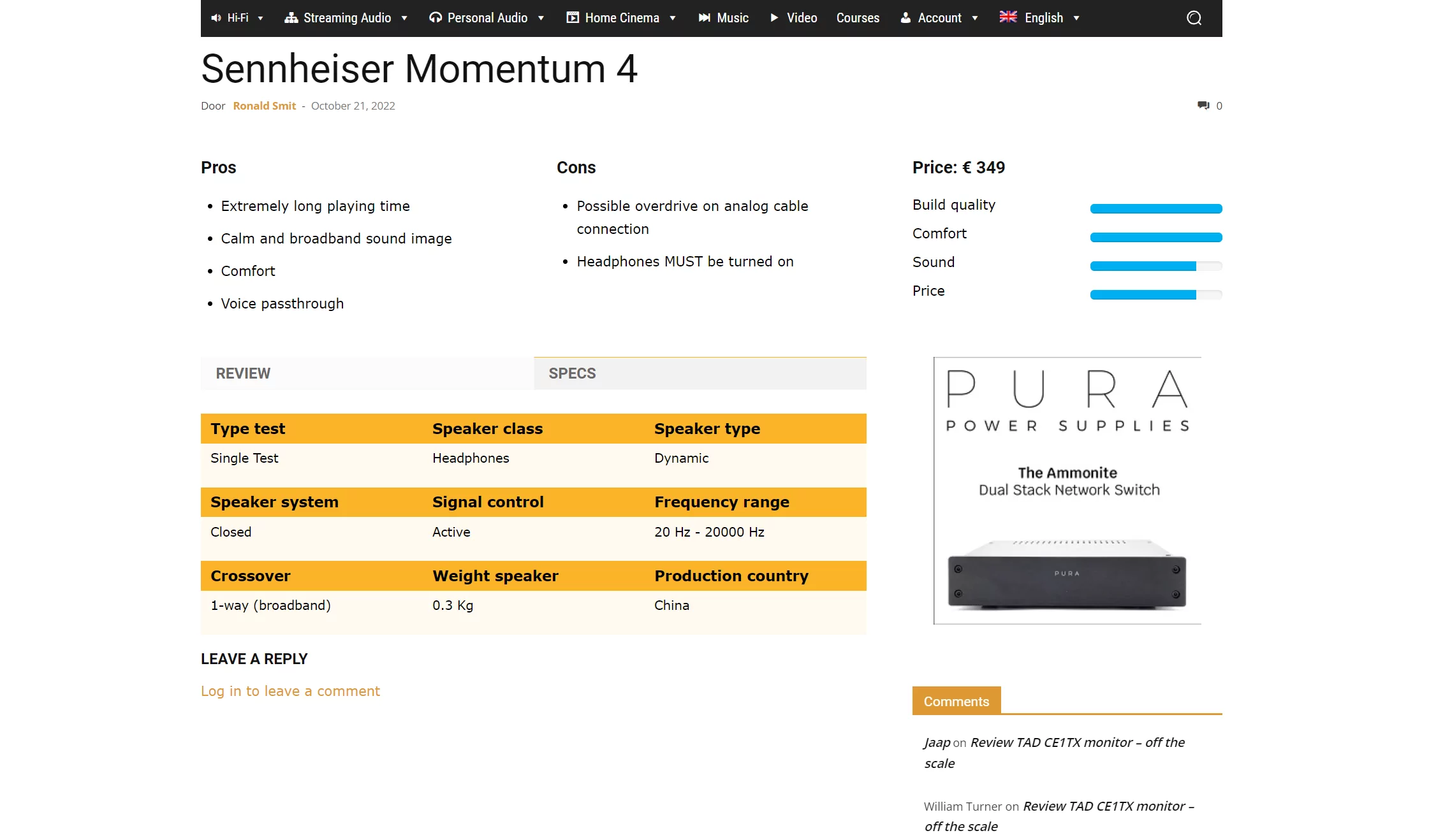 Screenshot of a review page of the website that provides with reviews of audio and video equipment