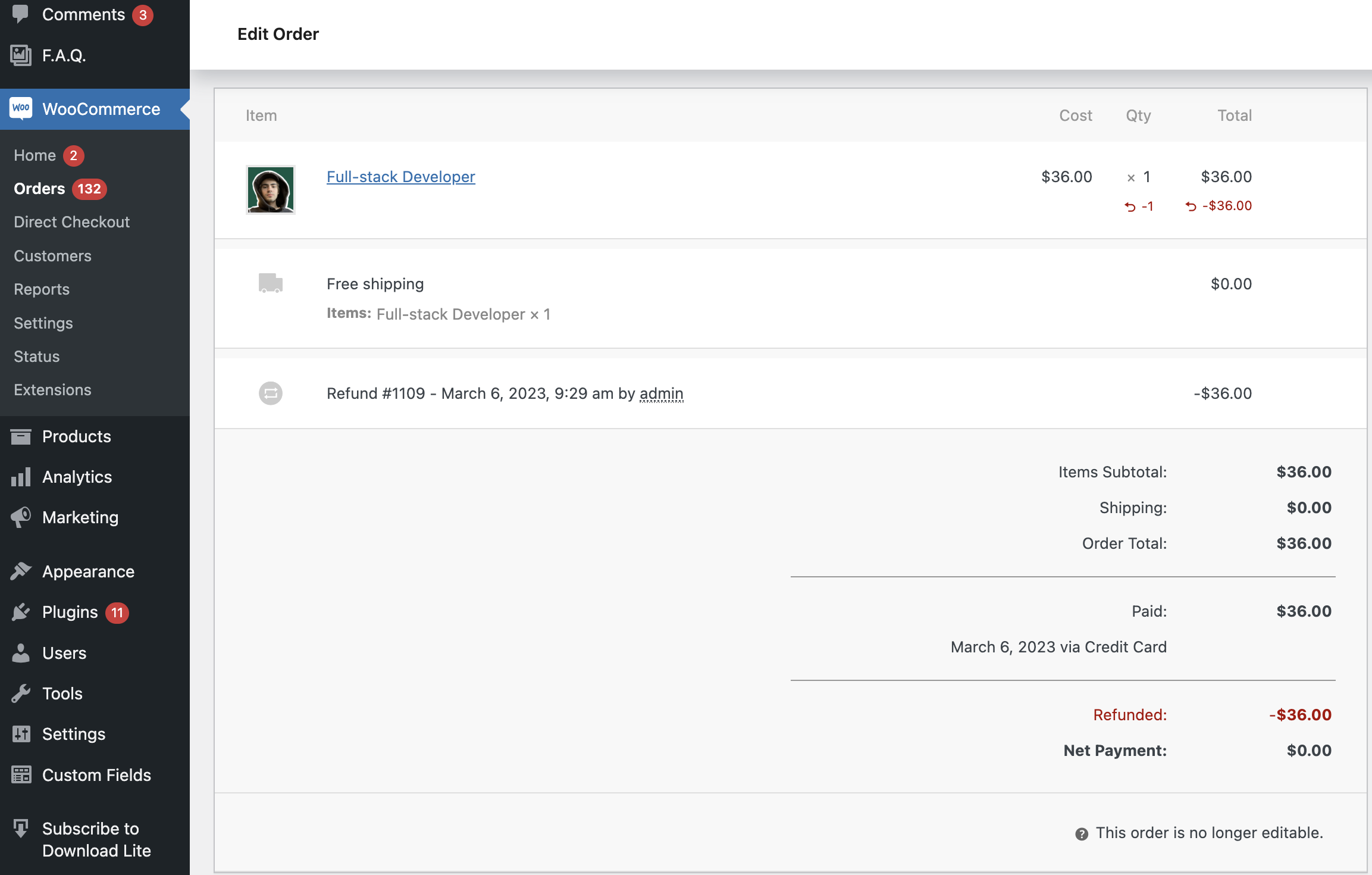 edit order page in woocommerce with refunded order