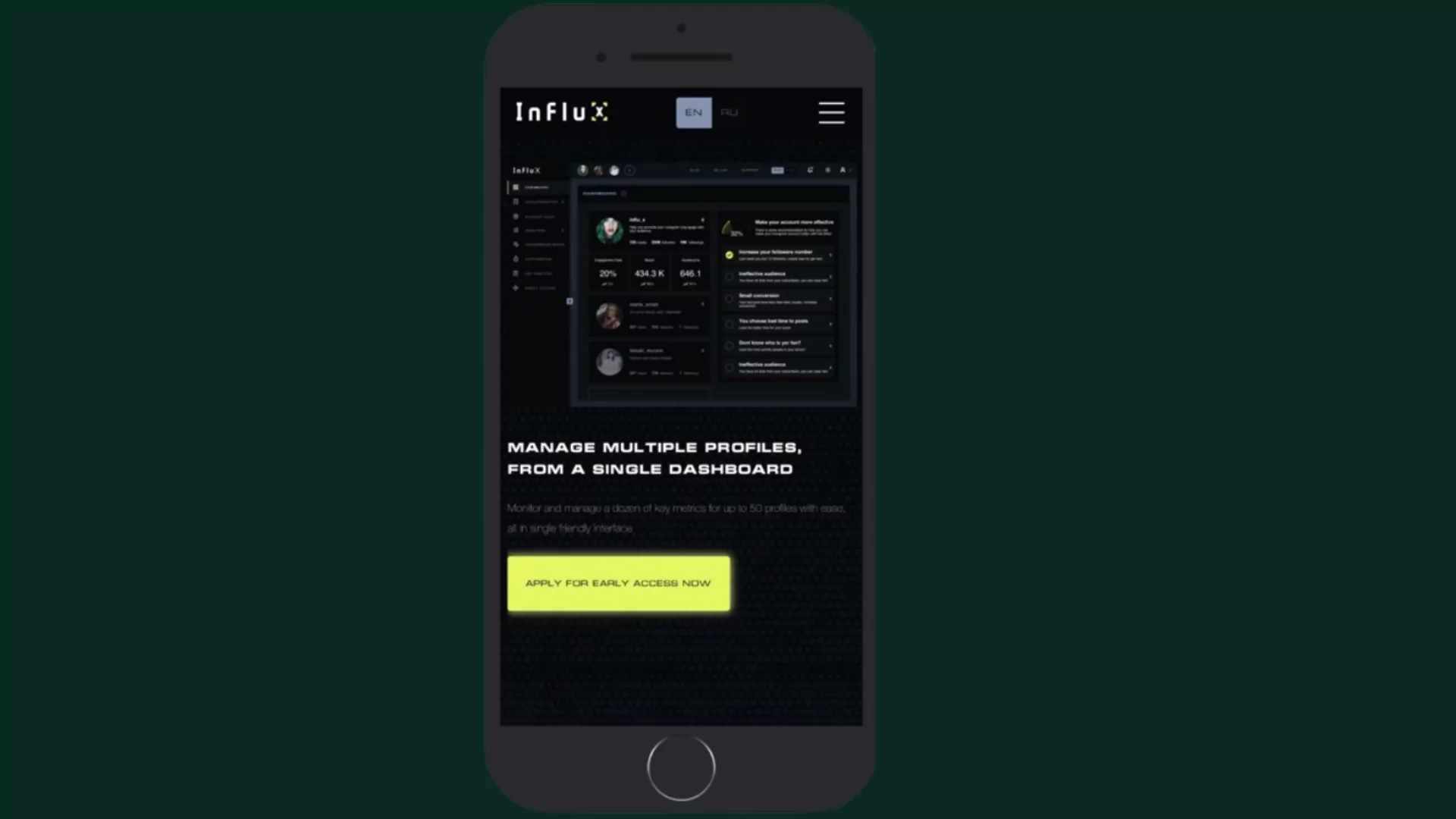 Screenshot showing influx home page
