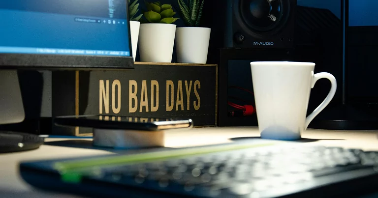 Image showing a computer and a cup of coffee and an inscription No bad days in the background